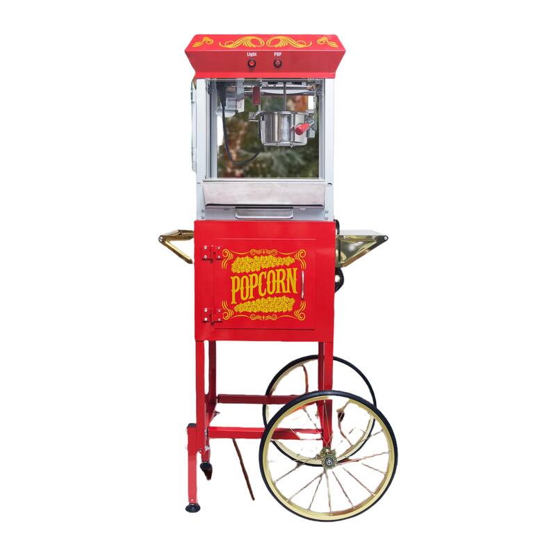 8oz Popcorn Machine with Cart, Stainless Kettle and Warming Deck