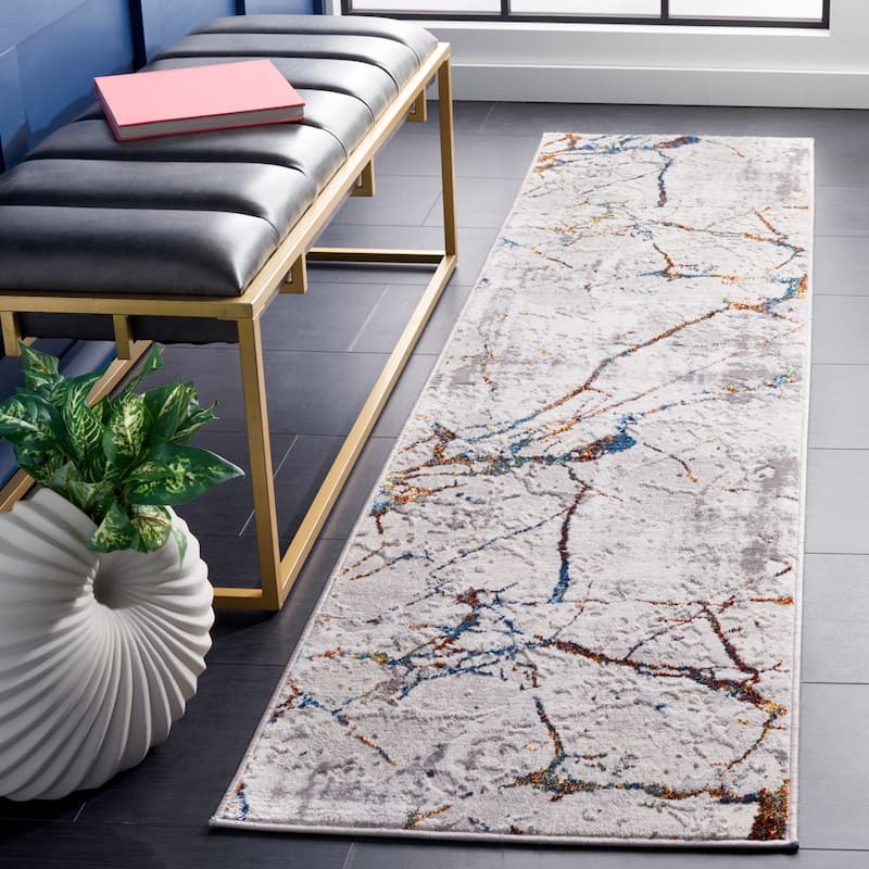 SAFAVIEH Amelia Fietje Modern Abstract Distressed Rug - 2' x 8' Runner - Grey/Blue Gold - Runner