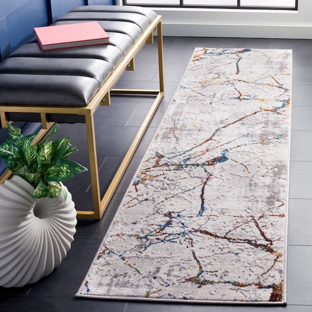 SAFAVIEH Amelia Fietje Modern Abstract Distressed Rug - 2' x 8' Runner - Grey/Blue Gold