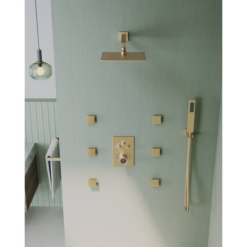 GRANDJOY Thermostatic Shower Faucet System Rainfall 12" Wall Mount Shower Faucet 6 Body Jets Handheld Spray High Pressure