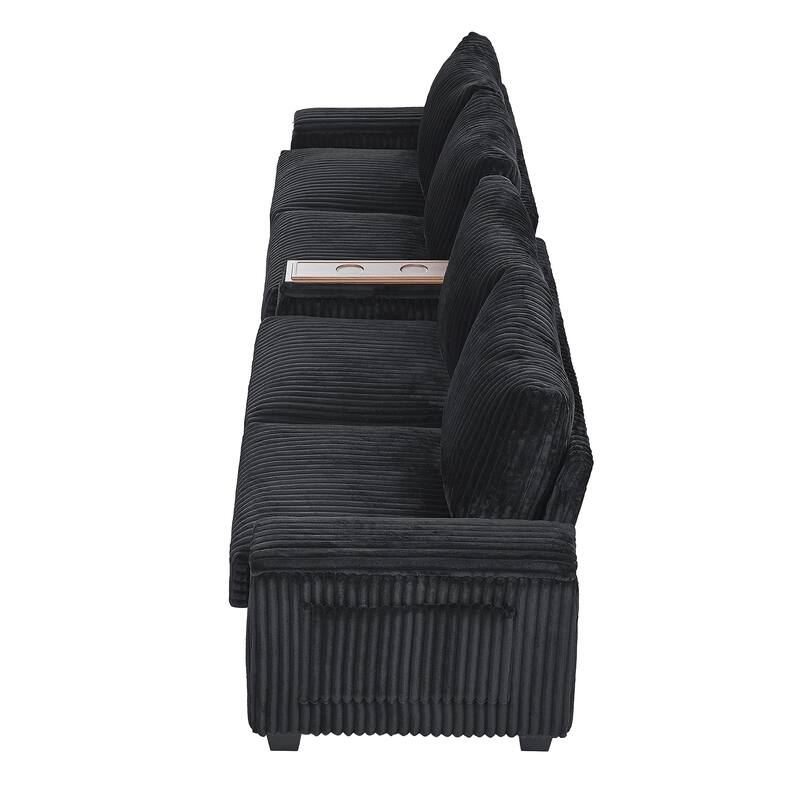 133-In Corduroy Sectional Sofa with USB Ports, Hidden Storage Arms, Flip-Top Cup Holders