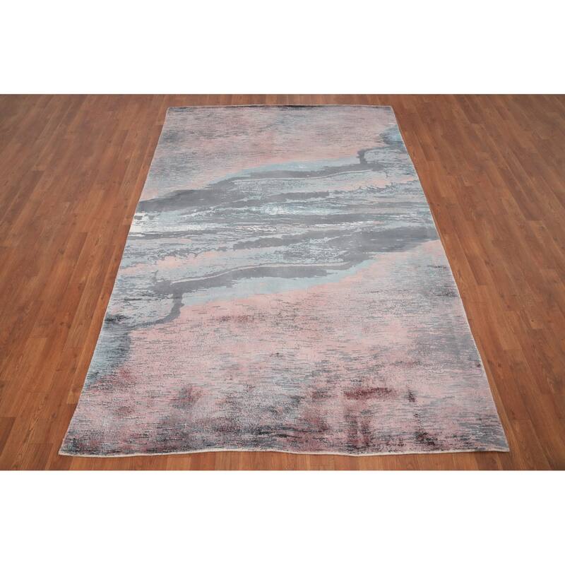 Hand Knotted Oriental Viscose Silk Carpet Modern Pictorial Multi-Colored Abstract Area Rug - 7' 11'' X 5' 3''