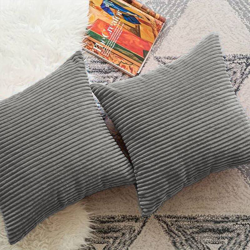 Set of 2 Decorative Corduroy Throw Pillows for Couch & Bed - Light Grey
