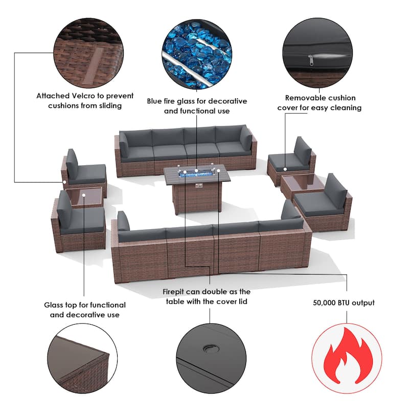 15 Piece Wicker Set Patio Sofa Furniture with Fire Pit And Table