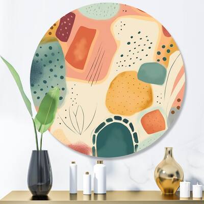Designart "Orange Fun Pattern Of Shapes I" Modern Geometric Metal Round Wall Art