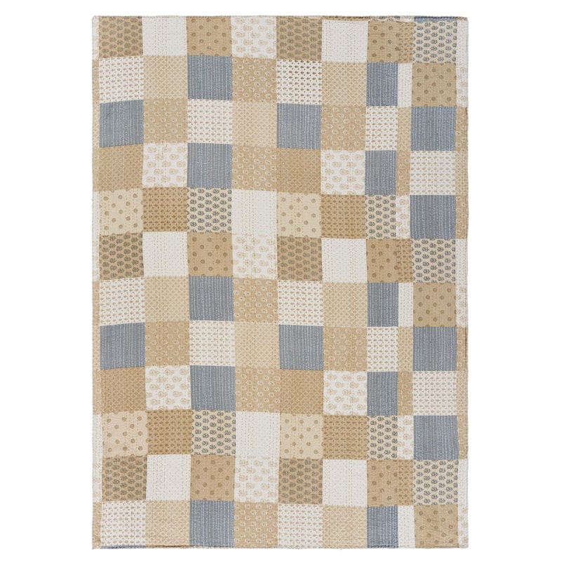 70" X 50" Beige Kantha Cotton Patchwork Throw Blanket with Embroidery