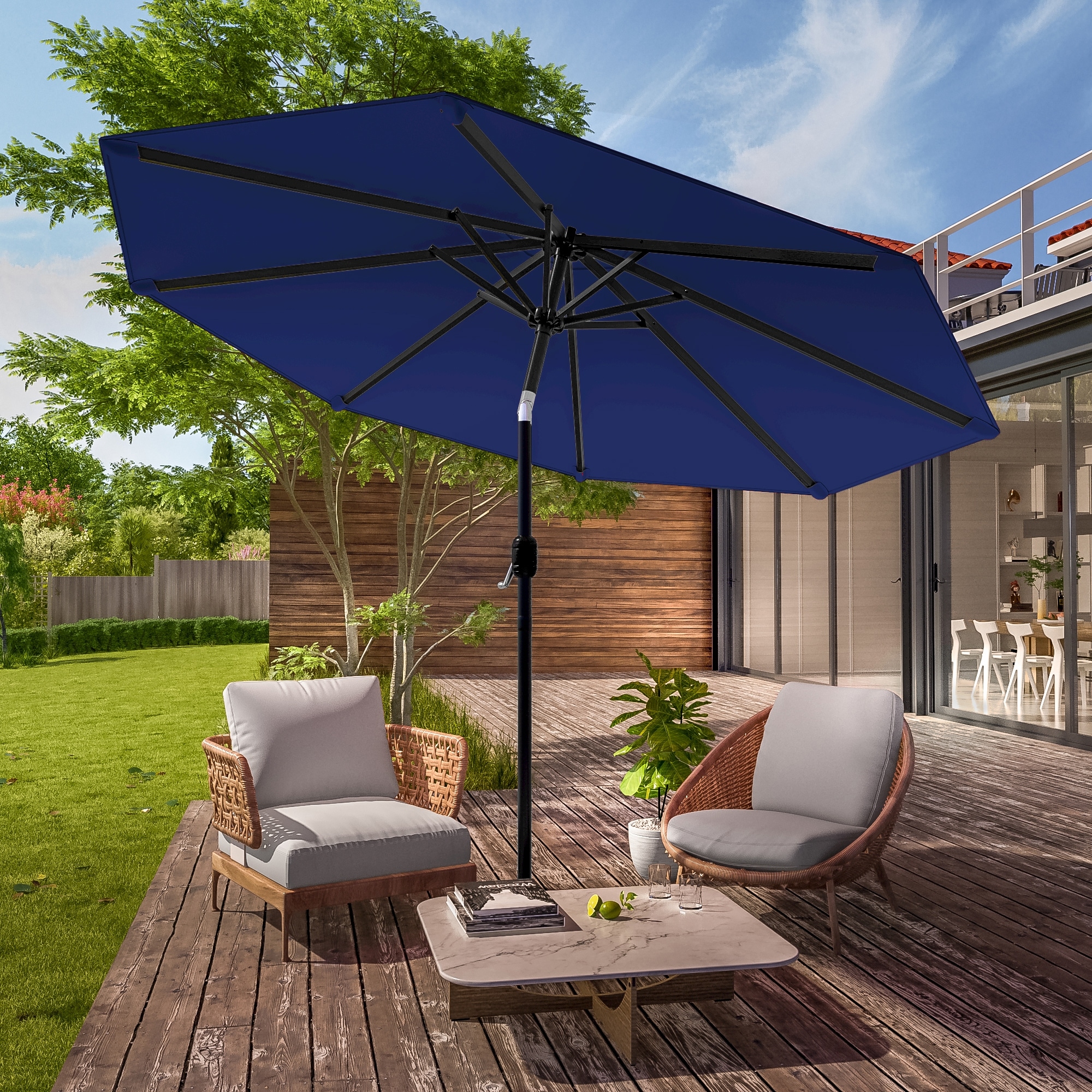 LIVOOSUN 9Ft Large Round Outdoor Patio Market Umbrella with Crank and 8 Ribs, Gray