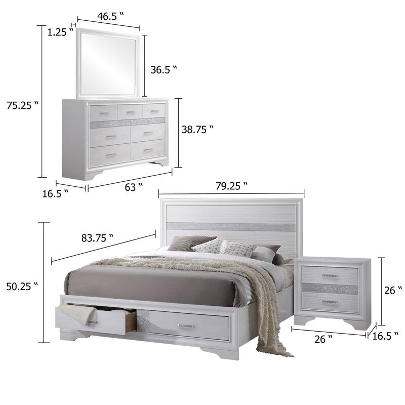 Vino White 4 Piece King Bed Set with Storage, Dressers, Glitter Accent