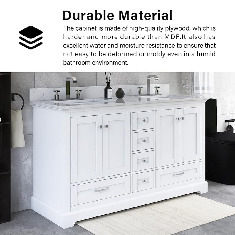 60 inch Plywood Double Sink Freestanding Bath Vanity with White Marble Top - 60" x 22"