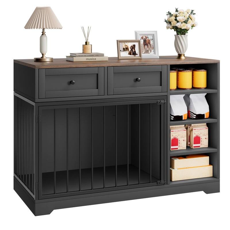 Wooden Dog Cage Furniture Indoor Crate Kennel TV Stand with Drawers Shelves - Black