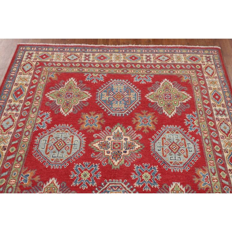 Red Geometric Kazak Area Rug Bedroom Hand-Knotted Wool Carpet - 4'8" x 7'2"