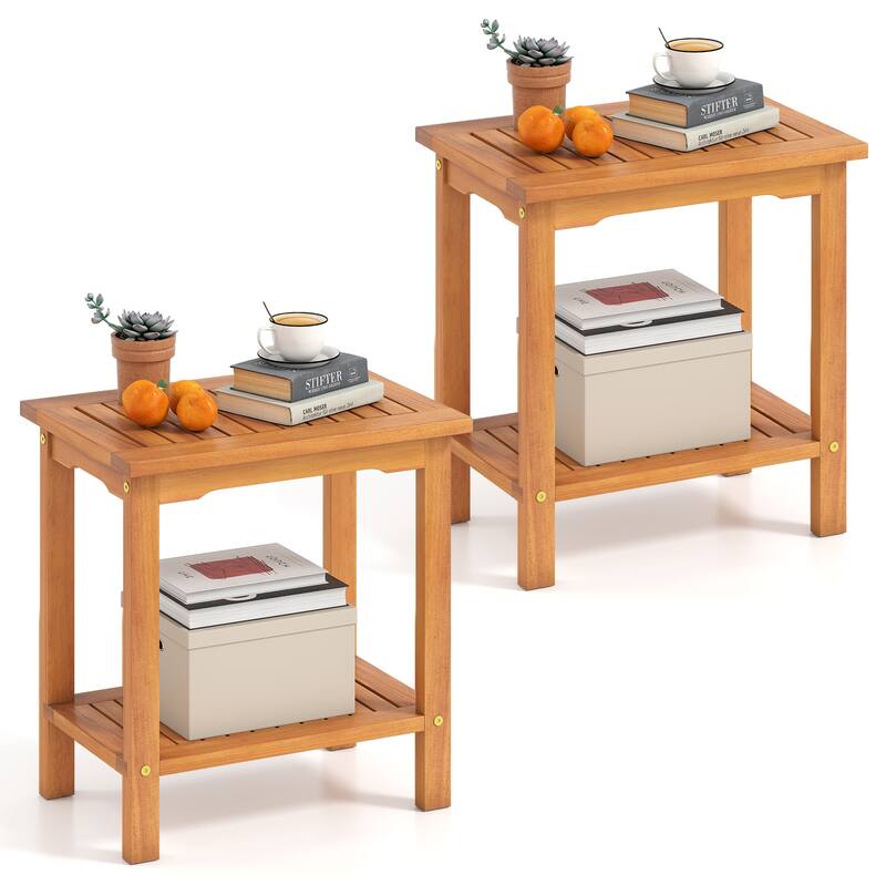 Gymax 2PCS Outdoor Acacia Wood Side Table 2-Tier Patio End Table w/ - Natural