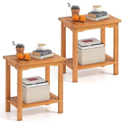 Gymax 2PCS Outdoor Acacia Wood Side Table 2-Tier Patio End Table w/