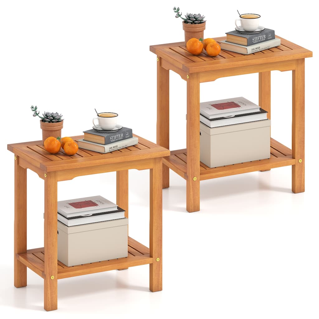 Gymax 2PCS Outdoor Acacia Wood Side Table 2-Tier Patio End Table w/