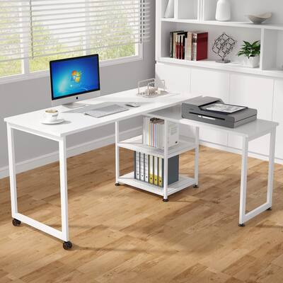 White L-Shaped Desk, Reversible Rotating Corner Computer Desk with Shelves 55 inch