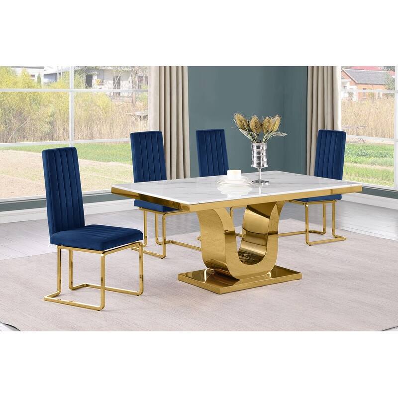 Best Quality Furniture D320-SC344-7 Dining Set with 66" White Marble Top - 5-Piece - Navy Blue / Gold