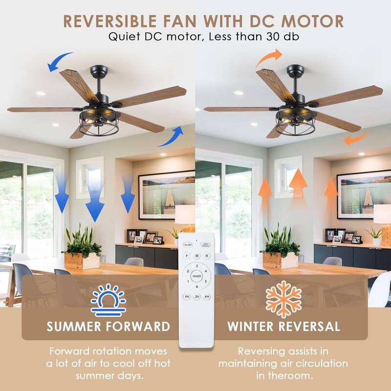 52 Inch Indoor and Outdoor Farmhouse Ceiling Fan with Light DC motor Wooden Blades Waterproof