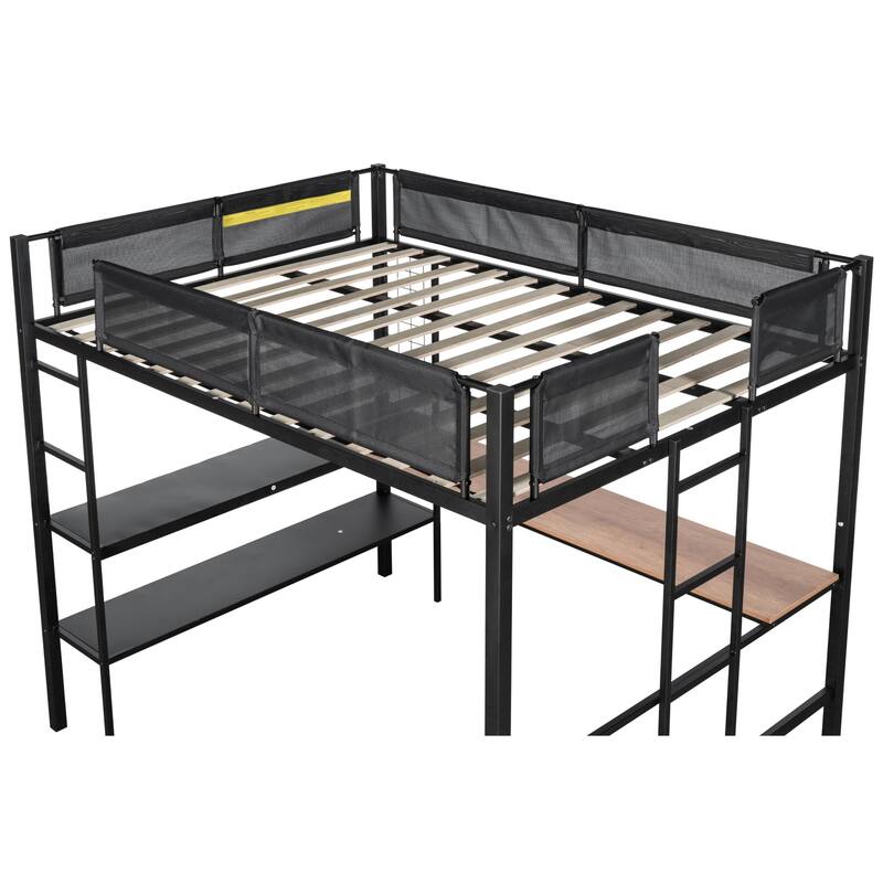 Metal Full Size Loft Bed with Built-In Desk, 2-Tier Shelves, and Side Ladders