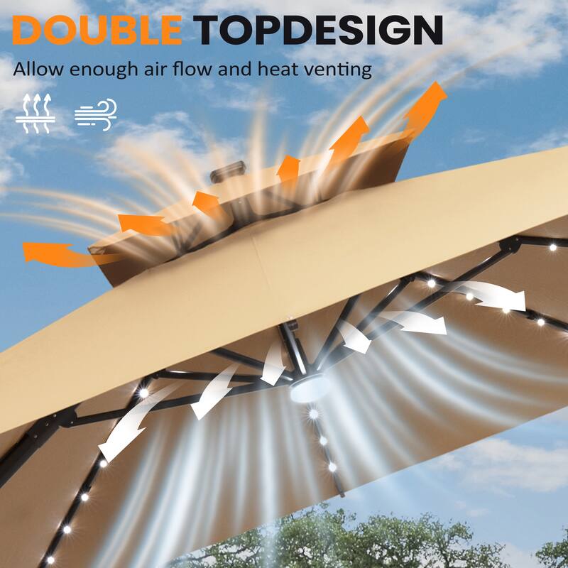 9x11 FT Daul Top Outdoor Patio Cantilever Umbrella Solar LED Lighted with Wheel Base