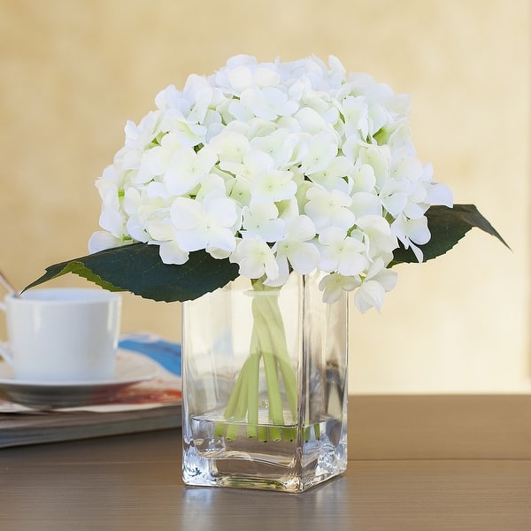Enova Home Artificial Silk Hydrangea Fake Flowers Arrangement in Clear Vase  with Faux Water for Home Wedding Centerpiece - N/A - Bed Bath & Beyond -  29346456