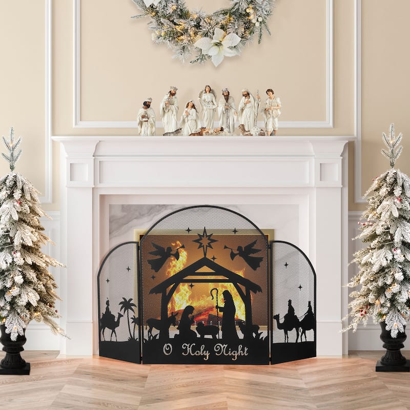 Glitzhome 29.75"H Christmas Metal Mesh Silhouette Nativity Scene Screen - Black