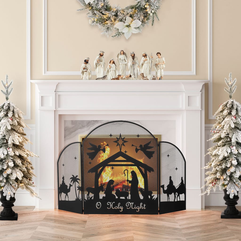 Glitzhome 29.75"H Christmas Metal Mesh Silhouette Nativity Scene Screen - Black