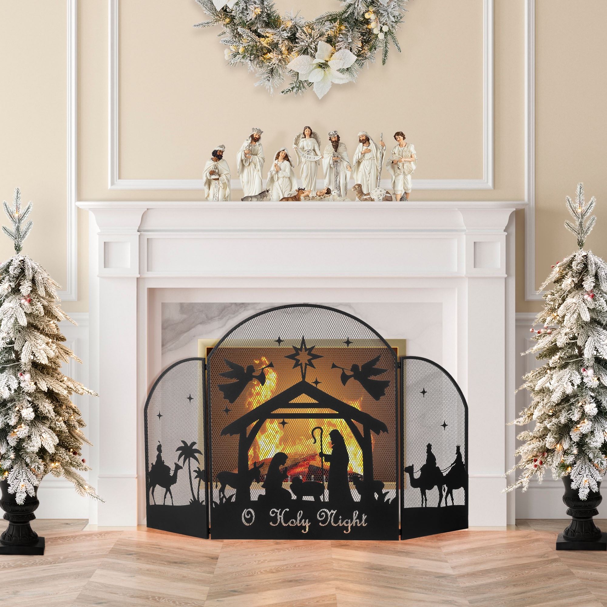 Glitzhome 29.75"H Christmas Metal Mesh Silhouette Nativity Scene Screen - Black