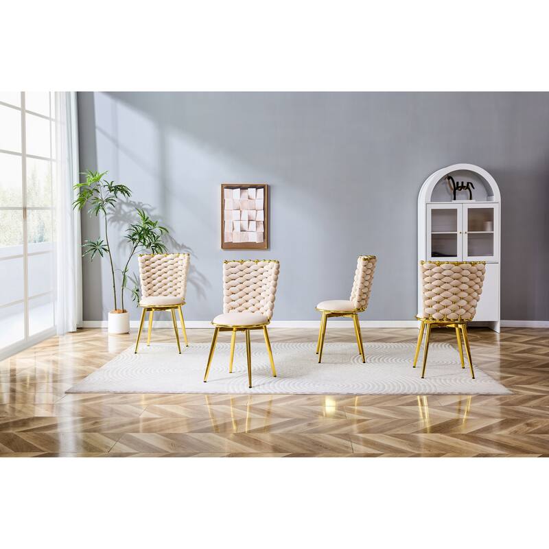 Set Of 2, Modern Luxury Velvet Woven Decorative Dining Chairs, Equipped With Gold Metal Legs And Cushioned Seats
