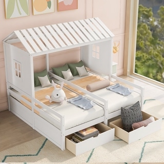 Twin Size House Platform Beds with Two Drawers Shared Beds, Combination Of 2 Side By Side Twin Size Beds