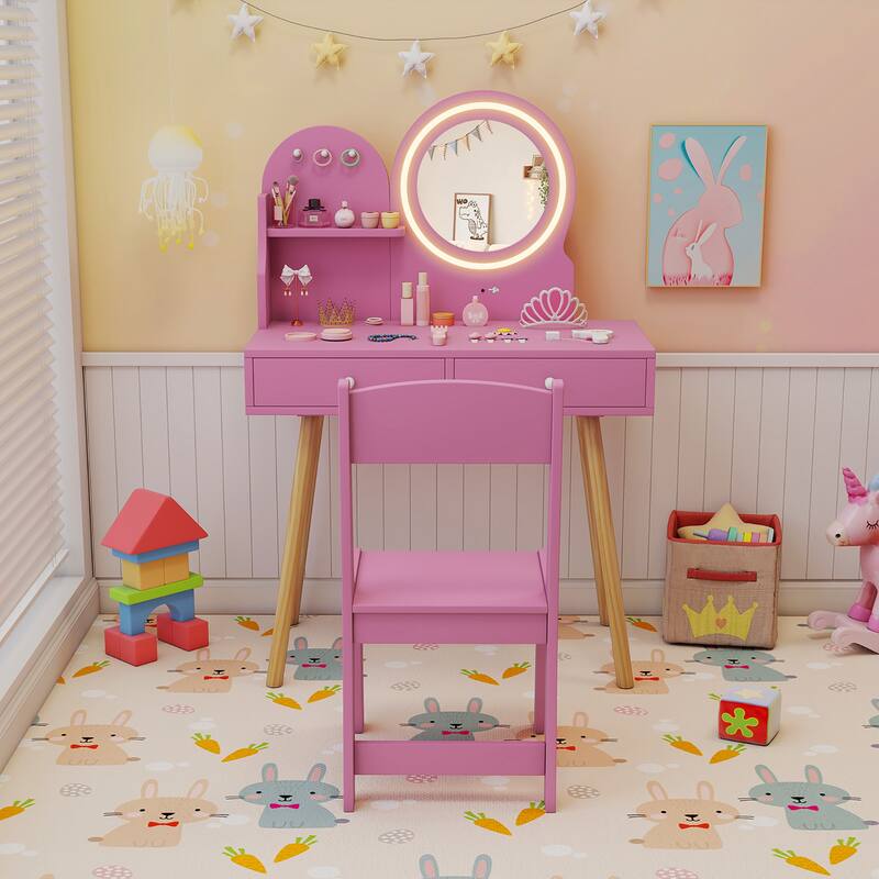 Gymax Kids Vanity Set w/ Lighted Mirror Princess Makeup Dressing Desk