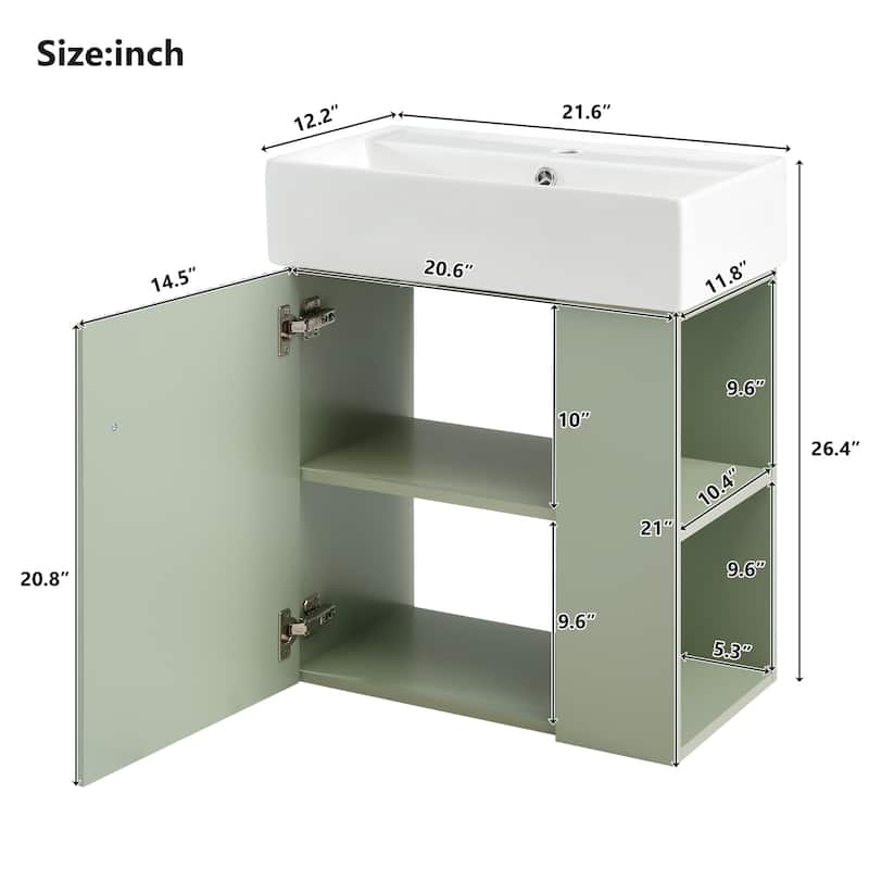 21.6" Modern Floating Bathroom Vanity with Ceramic Sink, Wave-Pattern Door, Rose Gold Handle, Side Storage