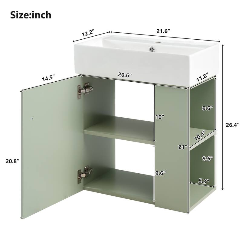 21.6" White Floating Bathroom Vanity - Space-Saving Wall-Mounted Sink Cabinet with Side Storage & Soft-Close Door
