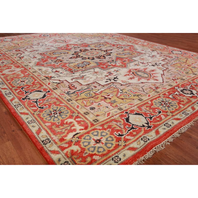 Geometric Heriz Serapi Oriental Rug Handmade Beige Wool Carpet - 7'11" x 9'10" - 7'11" x 9'10" - Ivory/Beige