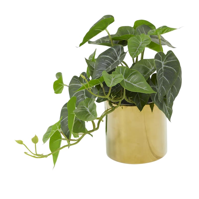 Green Faux Foliage Pothos Artificial Plant with Realistic Leaves and Gold Porcelain Pot