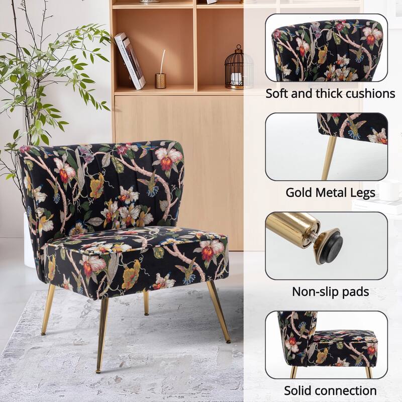 Velvet Floral Accent Chair (Set of 2) with Gold Legs, Modern Comfy Tufted Side Chair for Living Room/Bedroom
