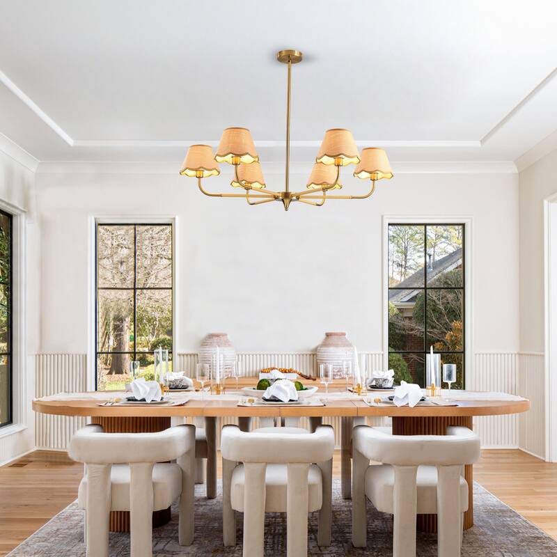 38" Gold 6-lamp Chandelier with Hand-Woven Rattan Lampshade, Mid-Century Hanging Pendant Light Fixture (Bulb Not Included)