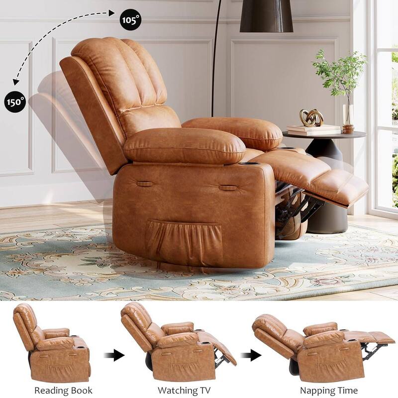 Oversized Manual PU Leather Recliner Sofa Chair with Cup Holders