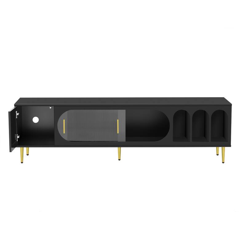 Sliding Acrylic Door TV Stand, TV Media Console Table with 3 Shelves 2 Cabinets, TV Console Cabinet for up to 70 Inch TV
