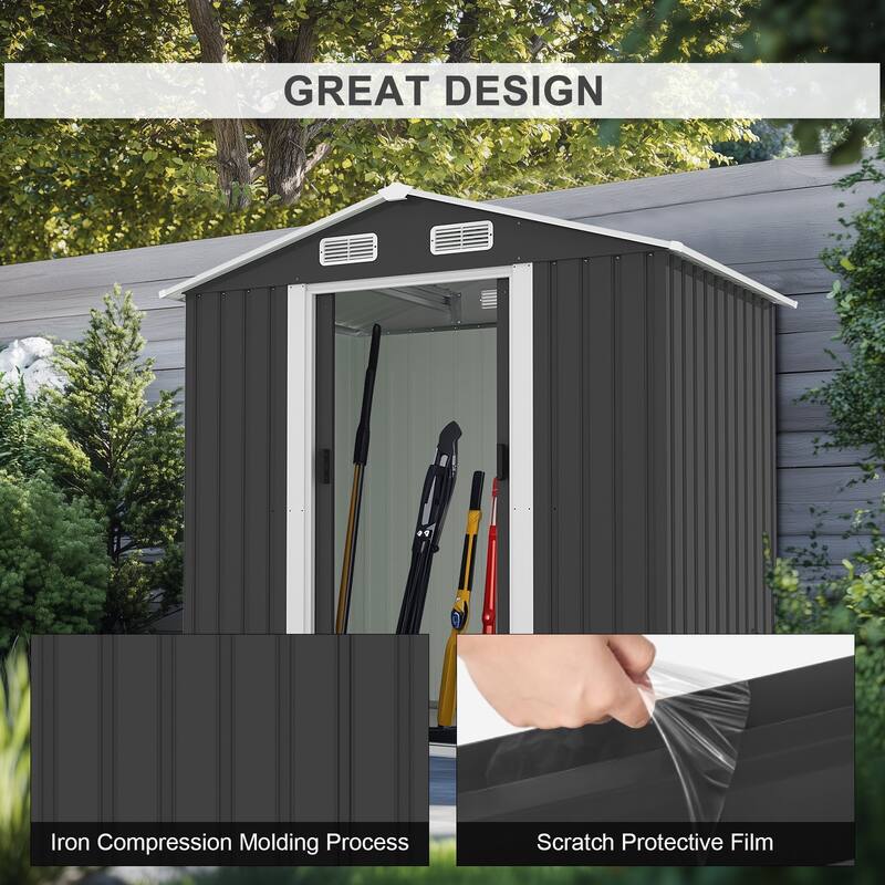 Large Outdoor Storage Shed Galvanized Iron Black with Slanted Roof and Double Sliding Doors - 77.36” x 51.57” x 73.82”