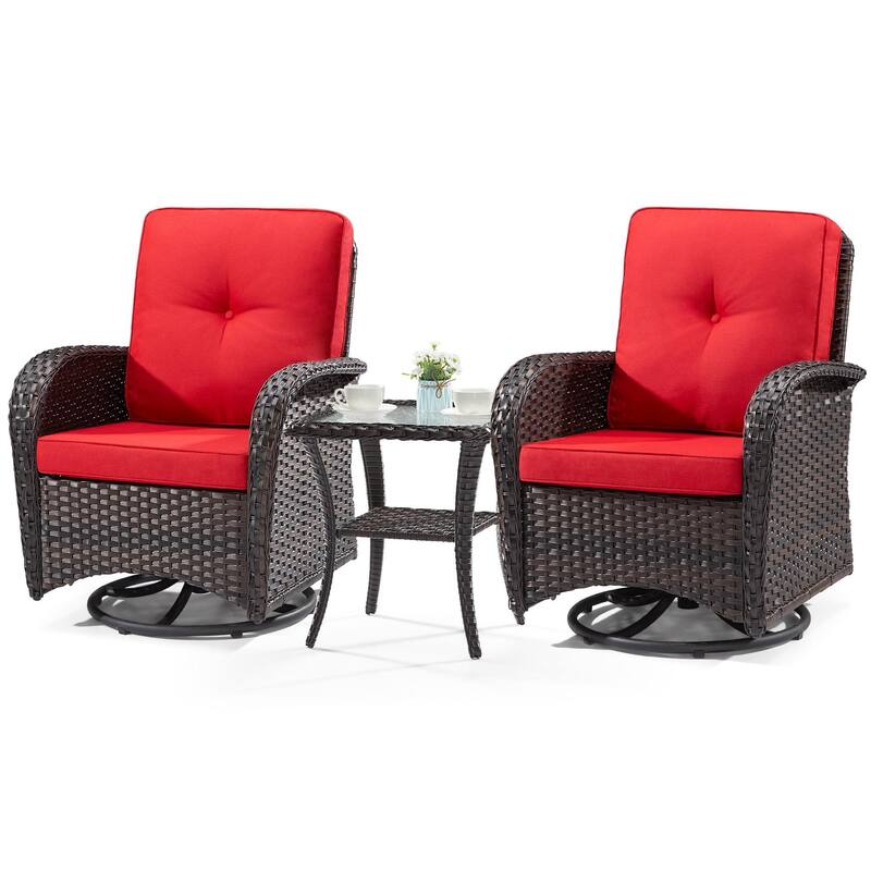 Cozywor 3-Piece Wicker Patio Swivel Outdoor Rocking Chair Conversation Set