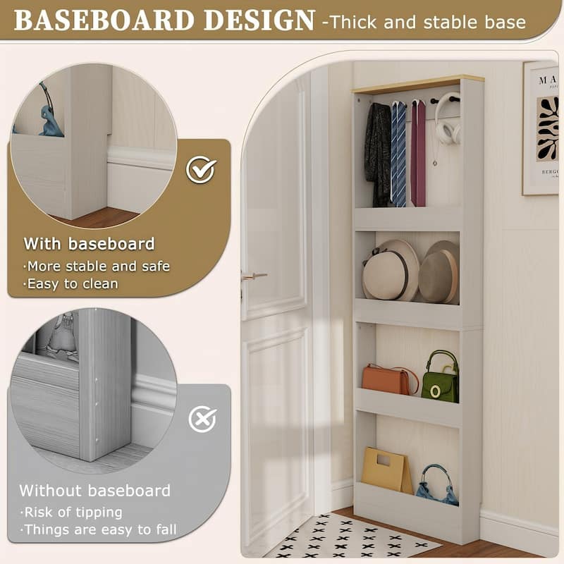 69" Tall Bookcase with 4 Shelves and 5 hooks, Wall Mounted Space-Saving Narrow storage cabinet for Living Room