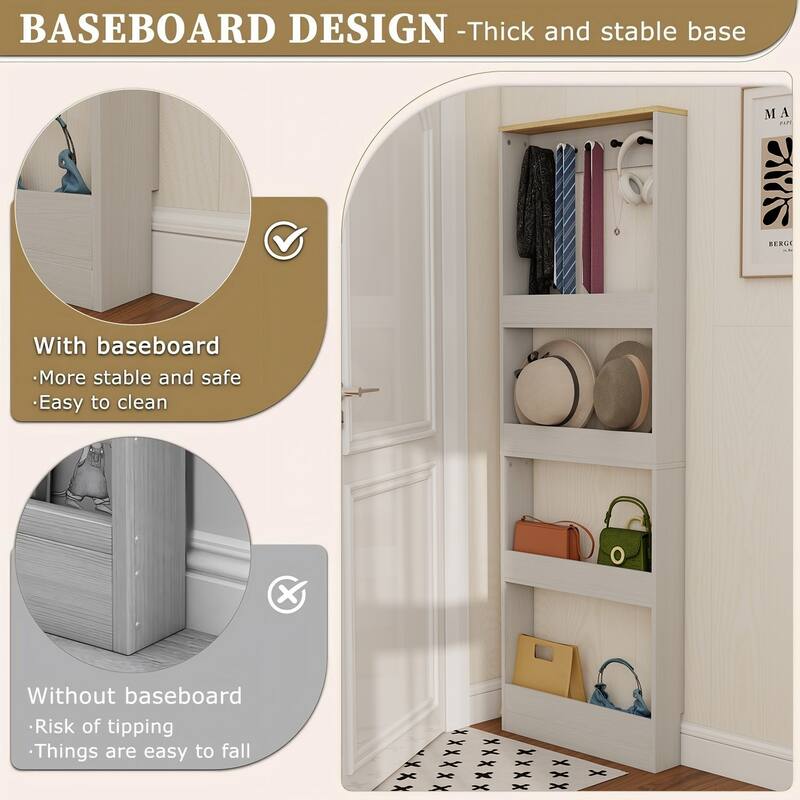 69" Tall Narrow Storage Cabinet with 4 Shelves & 5 Hooks, Space-Saving Behind-the-Door Bookcase Organizer