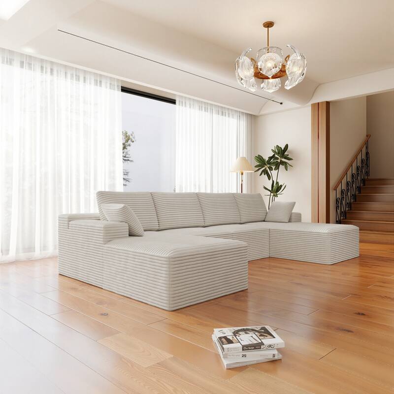 Roomfitters 131.9" Modular Sectional Sofa, 4-Piece Compressed Cloud Couch, No Assembly Required, Plush Corduroy, White