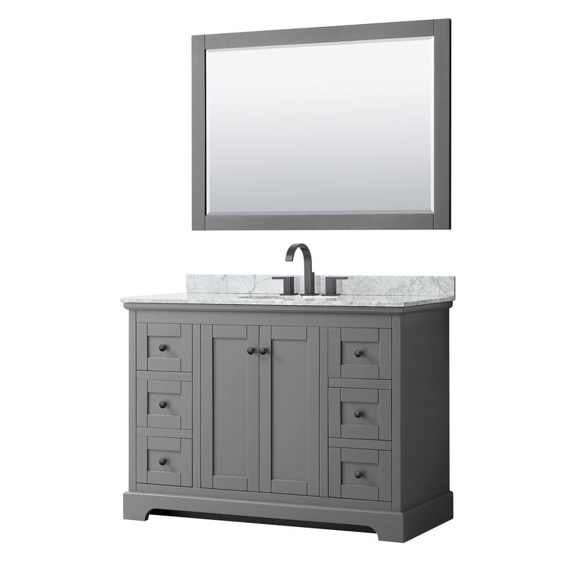 Avery 48-inch Single Vanity, Marble Top, Oval Sink, 46-inch Mirror - Dark Gray, Black Trim, White Carrara Marble Top
