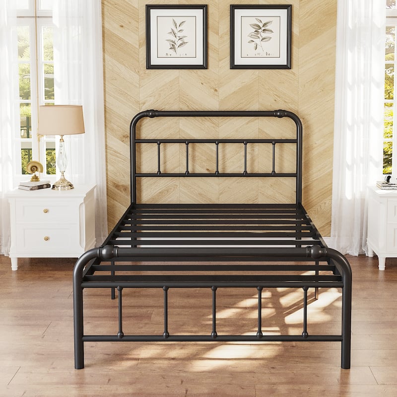 Metal Bed Frame with Victorian Style Wrought Iron-Art Headboard and Footboard
