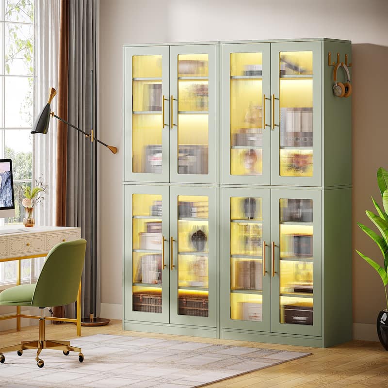 8-tier Modern Tall Bookcase Bookshelf with Doors and LED Light