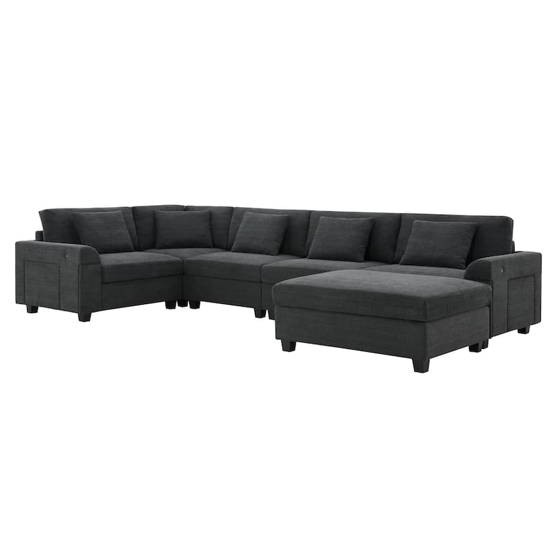 Chenille Sectional Sofa with Hidden Armrest Storage, Cup Holders, USB Charging Ports and Oversized Ottoman Chaise Lounge