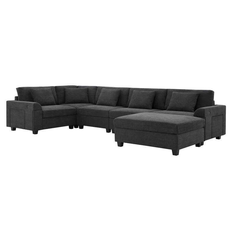 U Shaped Sectional Sofa with Ottoman, Chenille 6 Seater Sofa with Hidden Armrest Storage, Cup Holders & USB Charging Ports