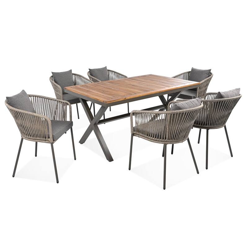 7-Piece Outdoor Dining Set with Cushions and Adjustable, Acacia Wood Tabletop and Metal Frame