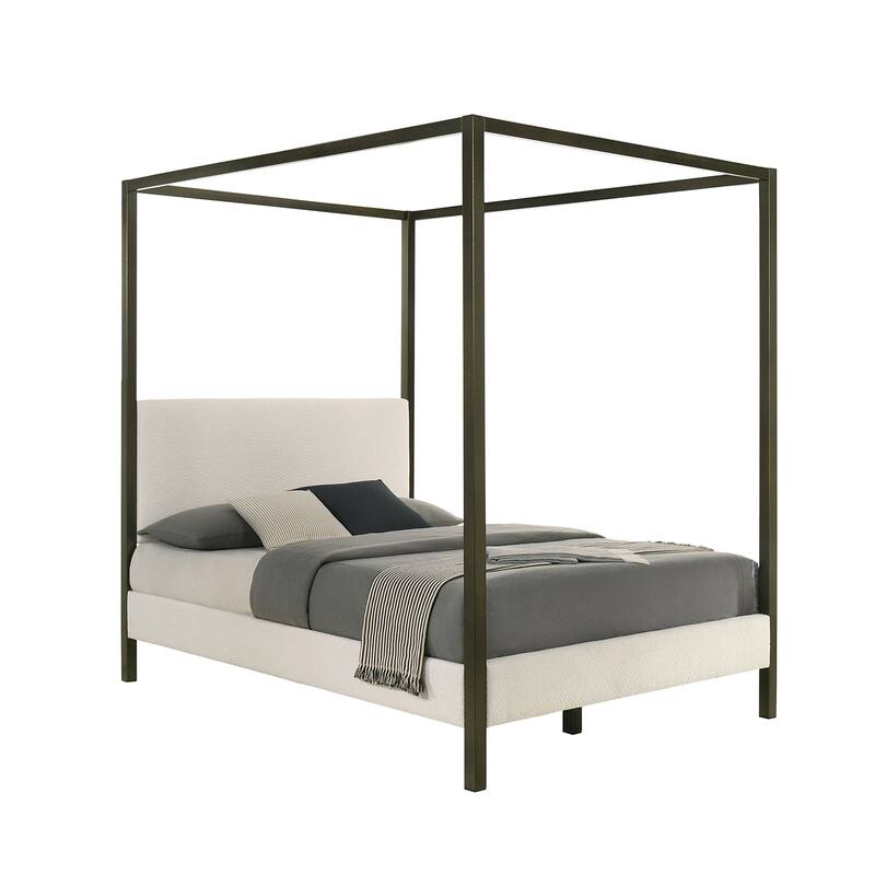 Upholstered Canopy Bed in Vanilla White and Brown - Queen